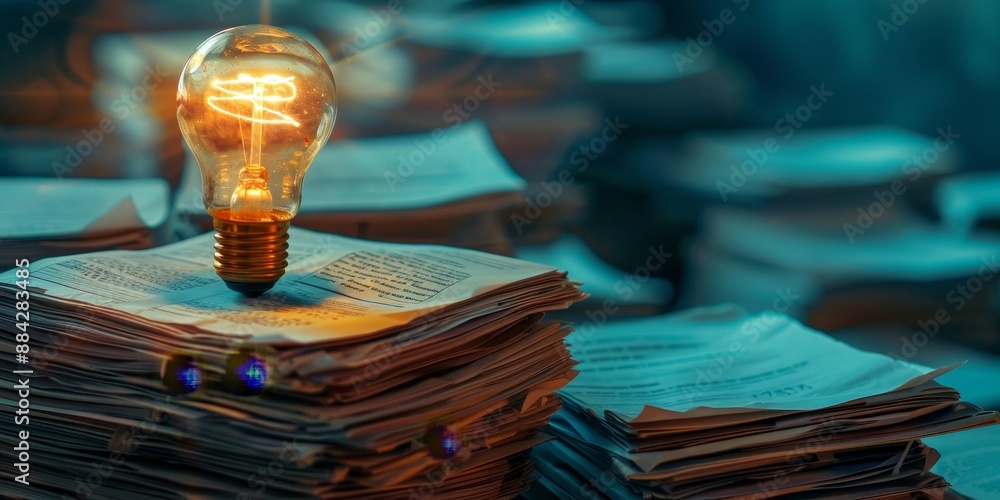 Poster a stack of papers with a single glowing page on top, highlighting the breakthrough idea or concept t