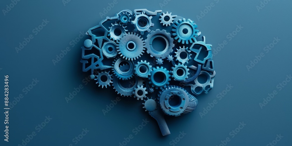 Poster a human brain with interconnected gears, representing the concept of innovation and problem-solving 