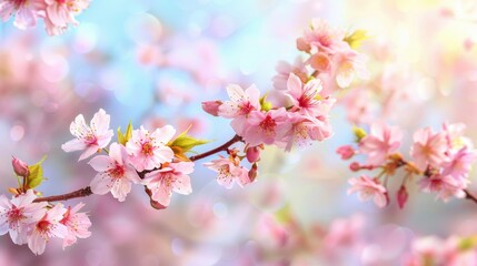 Horizontal banner with delicate pink sakura flowers on a branch, set against a blue sky, perfect for spring visuals. -