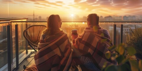 A couple enjoying their morning coffee on the balcony, wrapped in cozy blankets and watching the sun rise