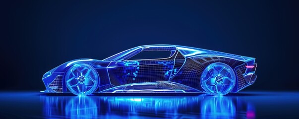 A series of neon blue sports cars on a black background