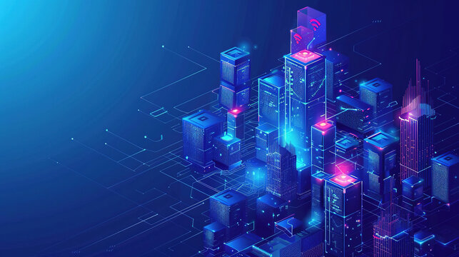 Smart city and communication network concept. Futuristic smart city isometric background with digital hologram of building. Futuristic urban technology. Technology Background. Smartcity buildings. IOT