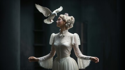 Fototapeta premium A woman in white dress with a dove on her head, AI