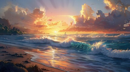 Obraz premium Majestic sunset over the beach, foamy waves, endless horizon, volcanic hills, and distant figures.