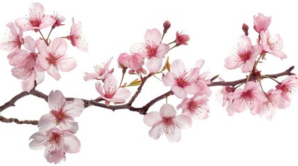 Pink cherry blossoms on a Sakura tree branch, isolated on a white backdrop, perfect for spring-themed visuals.