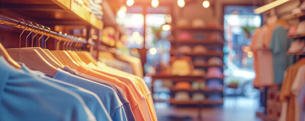 Fashionable men's clothing in trendy luxury boutique, clothing store, blurred background. Selective focus.