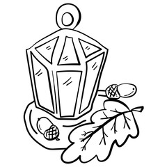 Outline lantern and leaves with acorns, simple coloring page with autumn mood