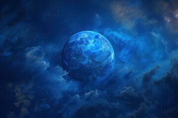 Stunning digital illustration of a vibrant blue planet surrounded by the swirling clouds of a cosmic nebula