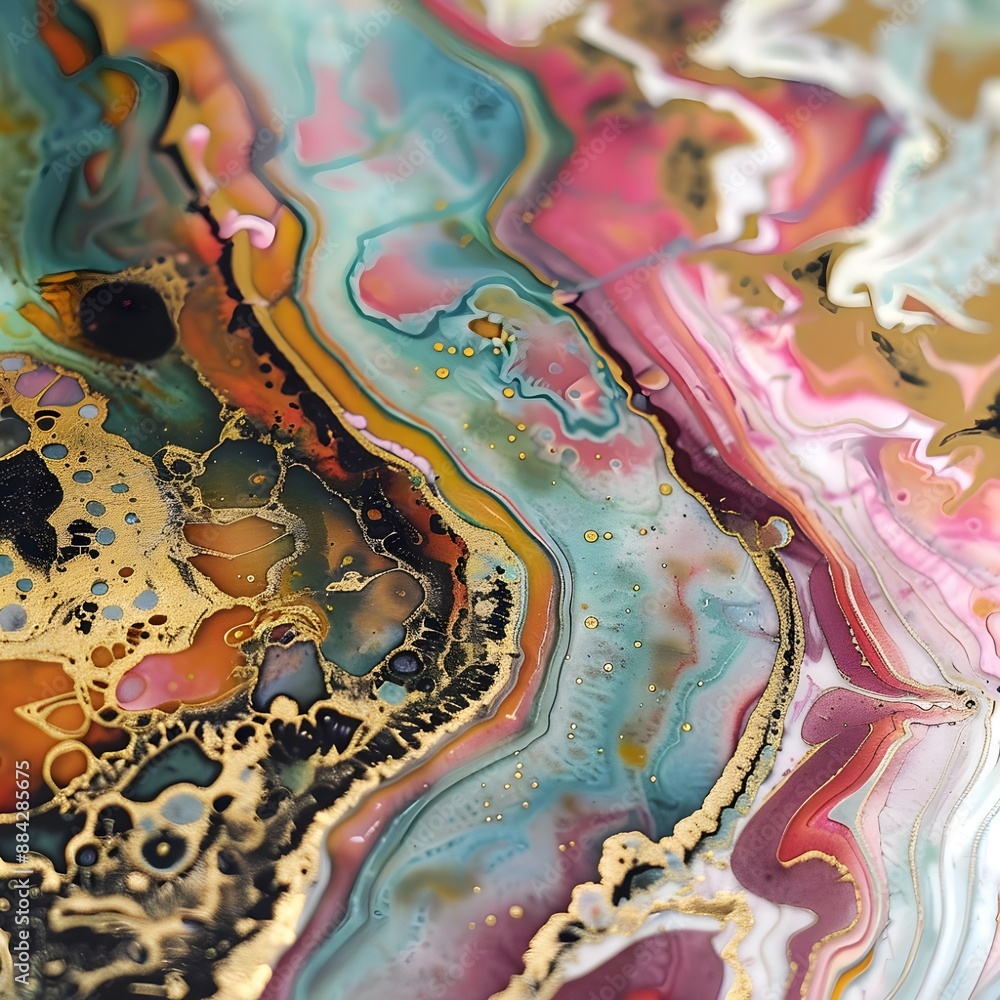 Poster intricate and colorful marble-like watercolor design with swirling patterns and vibrant hues.