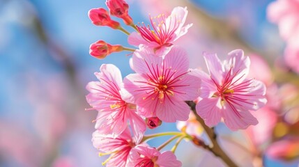 Obraz premium Pink sakura flowers in full bloom with a bright blue sky backdrop, symbolizing the charm and beauty of spring.