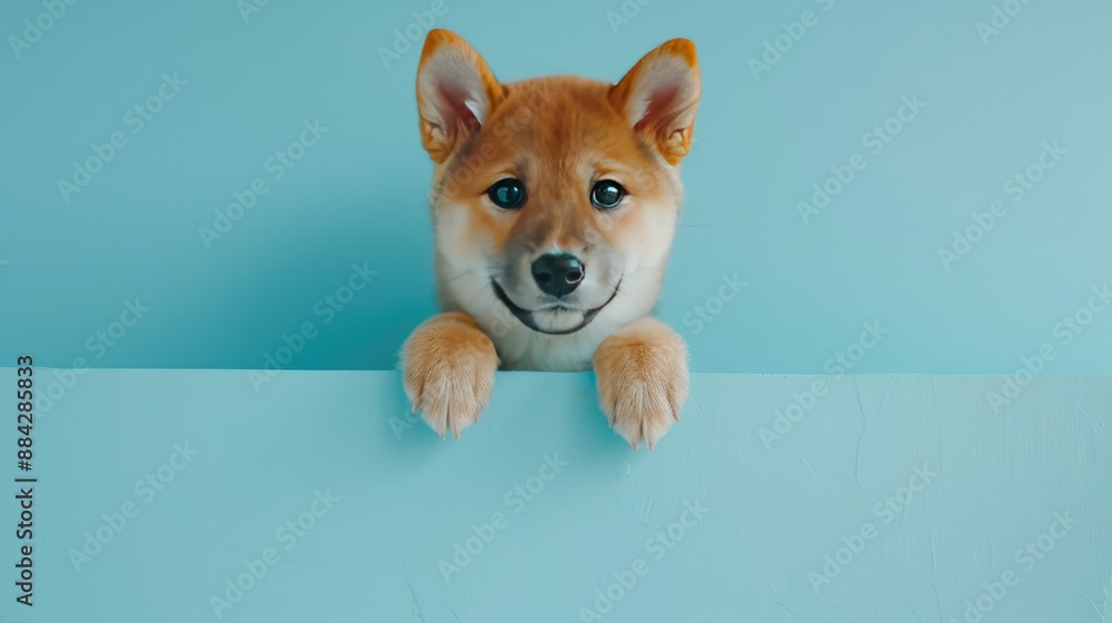 Sticker portrait of an adorable shiba inu puppy peeking from behind a blue banner, on a pastel blue backgrou