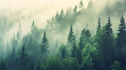 Enchanting forest scene with pine trees in thick fog. Reflecting the serene beauty of nature.