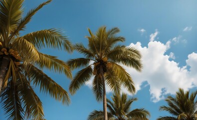 View from bottom to top of palm leaves on bright blue sky dotted with fluffy white clouds background, beach summer concept, coconut palm trees, sun rays passing through the lush green leaves
