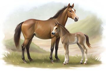 Fototapeta premium A horse with a foal on a white isolated background.