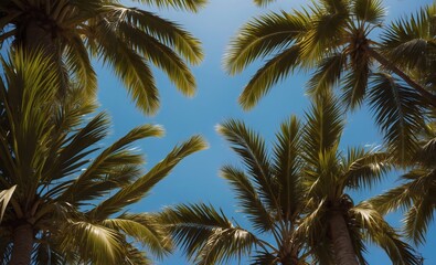 Looking up from the ground with tall palm trees swaying gently against a bright blue sky, creating a tropical paradise feel, beach summer concept, vintage style