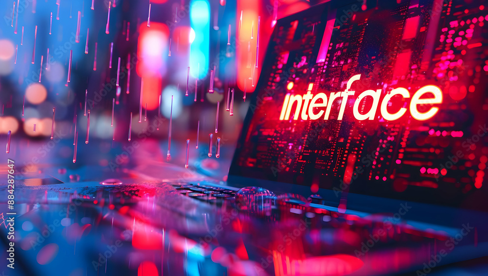Poster futuristic digital interface on a laptop screen with neon lights and data visualization, illustratin