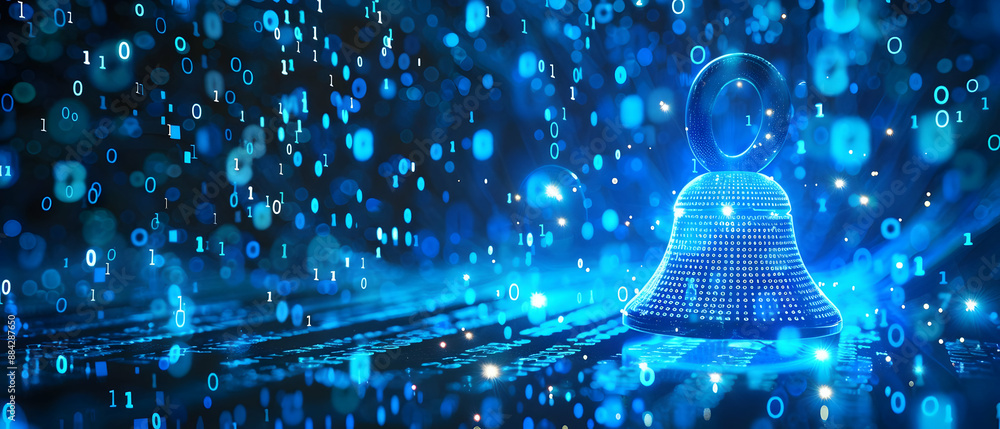 Poster futuristic digital landscape with blue binary codes and a holographic bell symbolizing data and tech