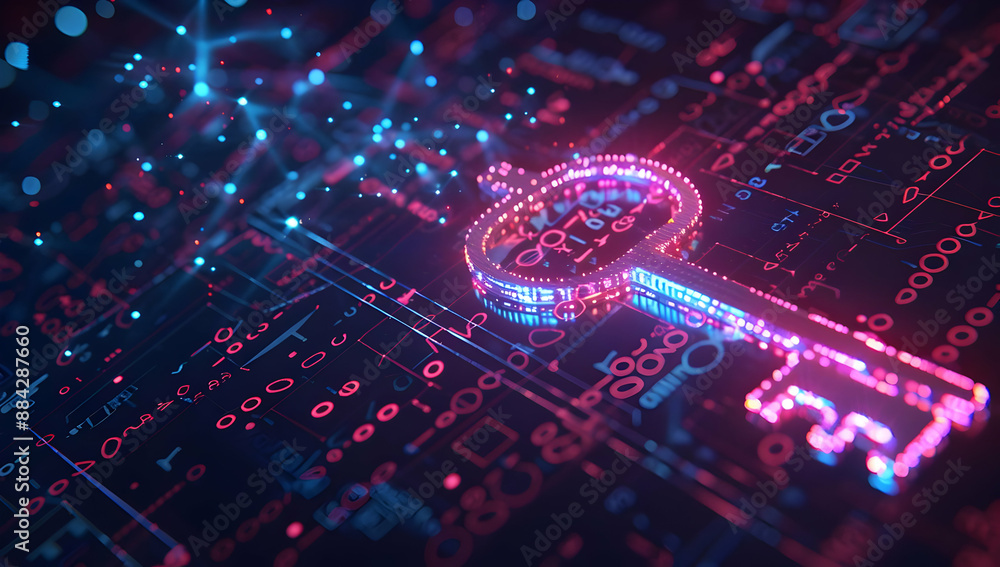 Poster futuristic digital key in neon lights on a circuit board, symbolizing cybersecurity, encryption, and
