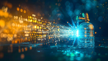 Fototapeta premium Futuristic digital abstract background featuring a padlock with binary code representing data security and protection.