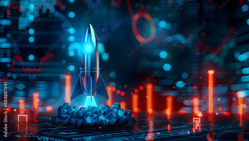 Poster futuristic rocket launching from digital platform with data charts, representing innovation, technol