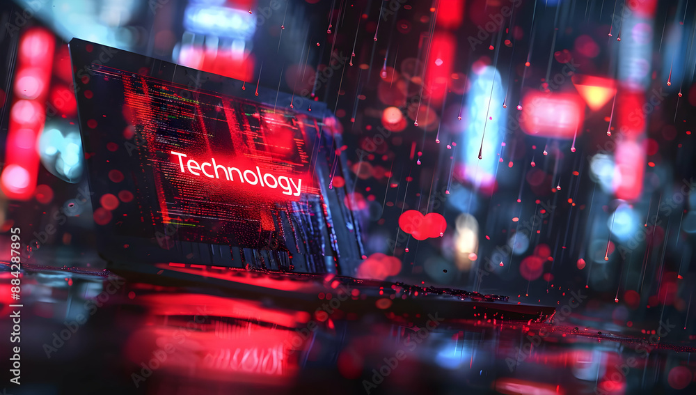 Poster futuristic scene with a glowing laptop displaying 'technology' against a backdrop of neon lights on 