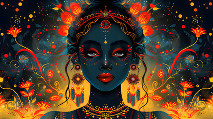 Fototapeta premium Colorful digital illustration of woman with intricate face paint and jewelry, vibrant floral background with artistic, mystical aura