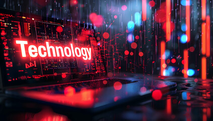 Futuristic technology concept with a glowing red laptop screen in a digital data environment, symbolizing innovation and cyber space.