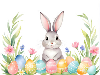 Obraz premium Adorable watercolor illustration of an Easter bunny surrounded by colorful eggs and spring flowers, capturing a cheerful and festive scene.
