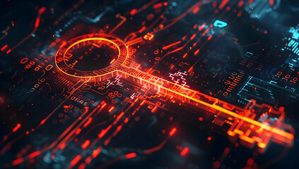 High-tech digital key concept with glowing red circuitry background symbolizes cybersecurity, encryption, and data protection.