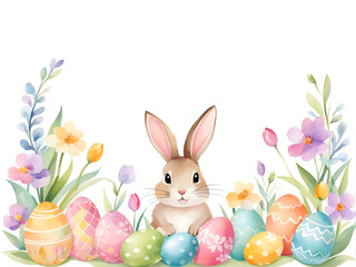 Obraz premium Adorable Easter bunny surrounded by colorful eggs and vibrant flowers, perfect for celebrating the joyful spring holiday.