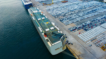 Aerial view ro-ro ship, Cargo ship transportation of business logistic sea freight, New Cars...
