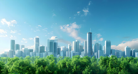 Modern city skyline with tall skyscrapers against a clear blue sky, surrounded by lush green trees on a sunny day.
