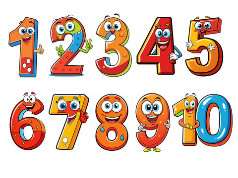 Cartoon funny numbers from one to ten for children on a white background