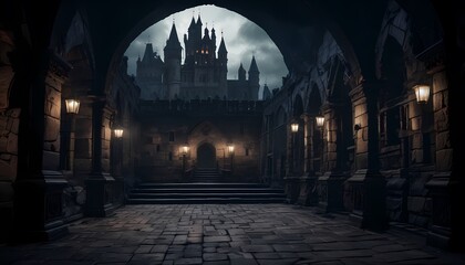 Obraz premium Gothic castle dungeon, dark and creepy background, hyper detail. Generative AI, Generative, AI