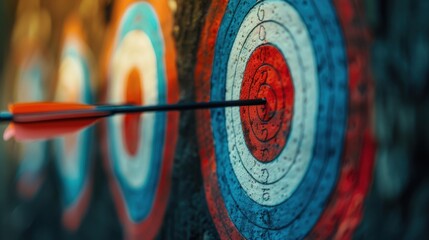 A precise shot of an arrow hitting the bullseye on a target, symbolizing accuracy and achievement.