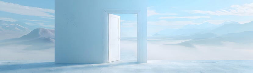 Fototapeta premium Open door in a minimalist white wall leading to a serene, dreamlike landscape with mountains and clouds in the background.