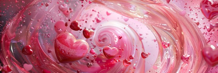 A colorful, swirling painting featuring pink hearts and flowing patterns, perfect for romantic themes.