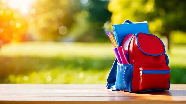 Red backpack filled with school supplies, including notebooks, pencils, and pens on a wooden table outdoors. Back to school concept. Copy space template background