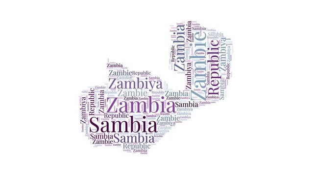 Zambia shape words animation. Zambia boundary filled with country names animated. Country opening, intro, presentation video.