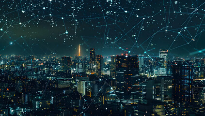 Naklejka premium Stunning aerial view of a cityscape at night with interconnected digital data points representing modern technology and communication.