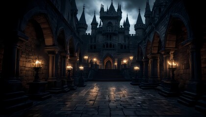 Fototapeta premium Gothic castle dungeon, dark and creepy background, hyper detail. Generative AI, Generative, AI