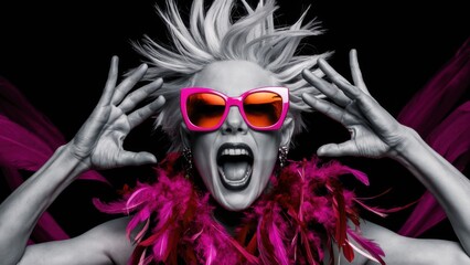A woman with pink sunglasses and feathers on her head, AI
