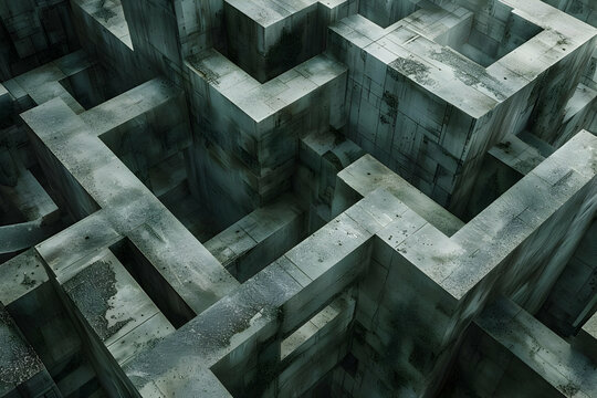 Top view of a complex, concrete maze with high walls. A challenging and intricate structure symbolizing confusion and complexity.