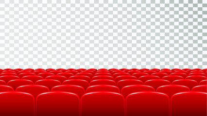 Fototapeta premium Rows of red cinema or theater seats in front of transparent background. Vector.