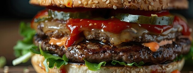 Close-up of a delicious, juicy burger with fresh lettuce, melted cheese, and savory sauce, perfect for food enthusiasts and culinary photography.