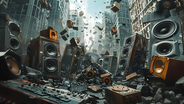 Urban chaos with large speakers and audio equipment in rubble, creating a surreal cityscape filled with sound and debris.