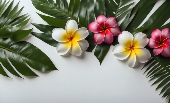 Top view of a tropical border with vibrant plumeria frangipani flowers and palm leaves, framing a blank space for text on a white background, summer themed design concept, arrangement
