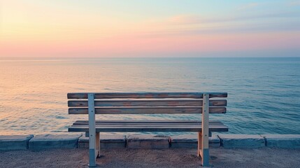 Empty wooden park bench facing calm ocean with sunset, symbolizing retirement and peaceful future planning.