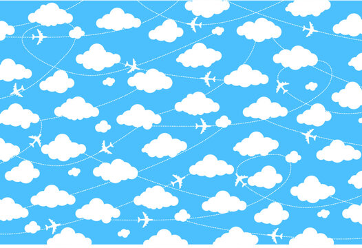 Blue background pattern with clouds and planes route path