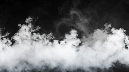 Abstract white smog rising on black background, illustrating steam and vapor effects.